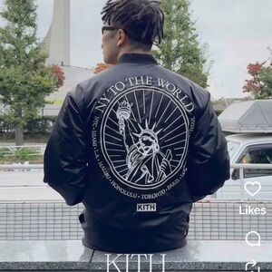 Kith NY To The World embroidered satin bomber Black Graphic Varsity Jacket XS